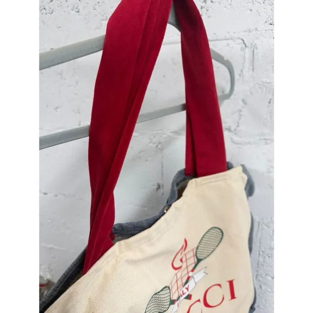 Gucci Upcycled Canvas Tote Red Straps Green Tennis Graphic - Denim Pockets